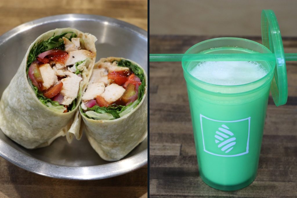 barbeque chicken wrap in bowl and lemonade in cup